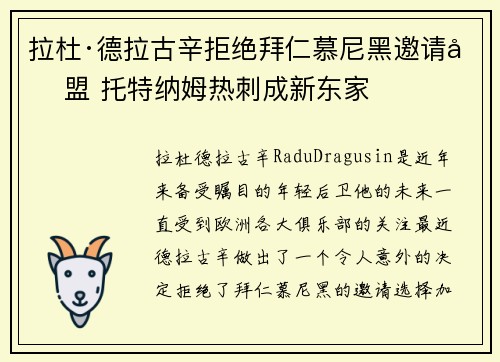拉杜·德拉古辛拒绝拜仁慕尼黑邀请加盟 托特纳姆热刺成新东家 拉杜·德拉古辛拒绝拜仁慕尼黑邀请加盟 托特纳姆热刺成新东家