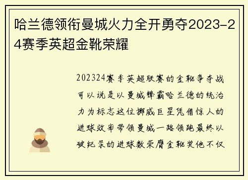 哈兰德领衔曼城火力全开勇夺2023-24赛季英超金靴荣耀