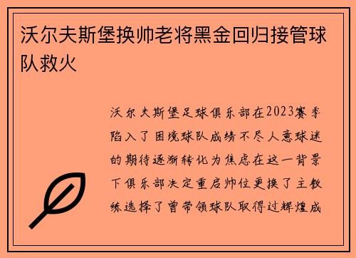 沃尔夫斯堡换帅老将黑金回归接管球队救火 沃尔夫斯堡换帅老将黑金回归接管球队救火